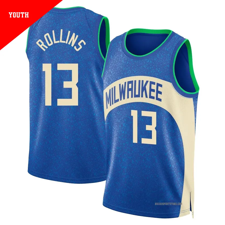 ＃13 Youth Ryan Rollins Milwaukee Bucks 2023/24 Swingman Blue City Edition Jersey