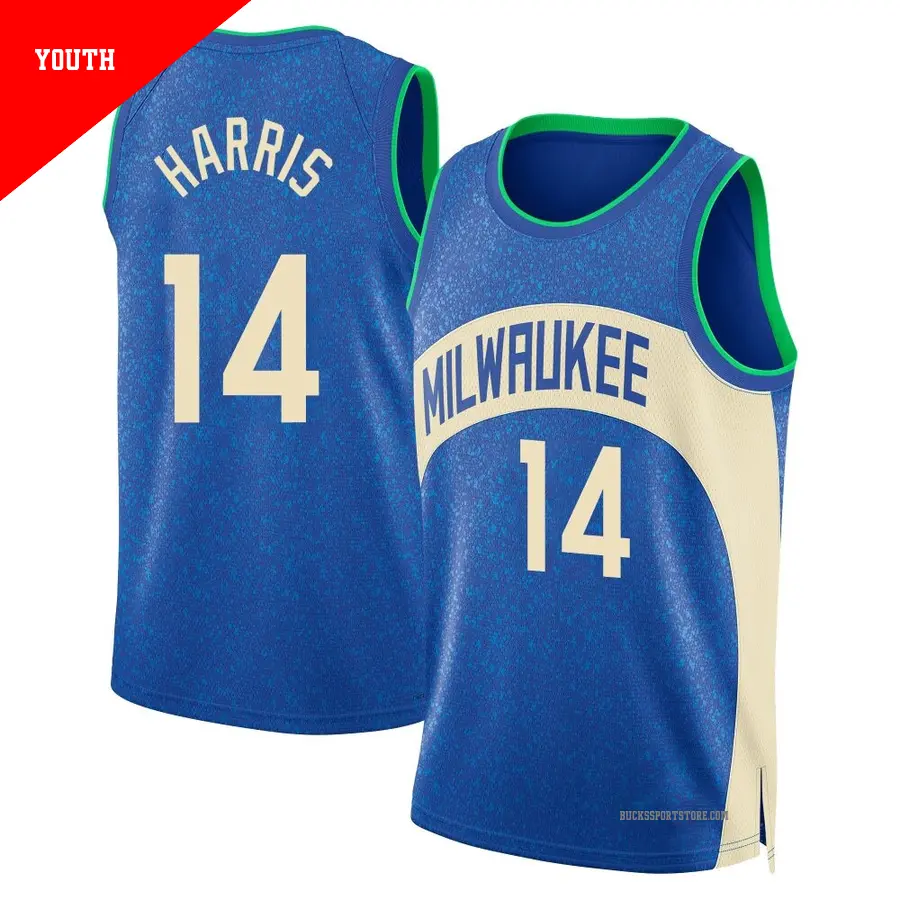 ＃14 Youth Gary Harris Milwaukee Bucks 2023/24 Swingman Blue City Edition Jersey