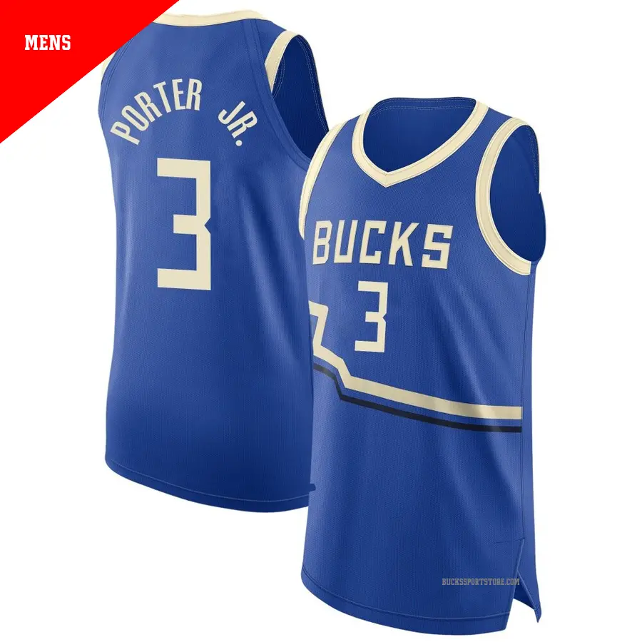 ＃3 Men's Kevin Porter Jr. Milwaukee Bucks 2024/25 Authentic Royal City Edition Jersey