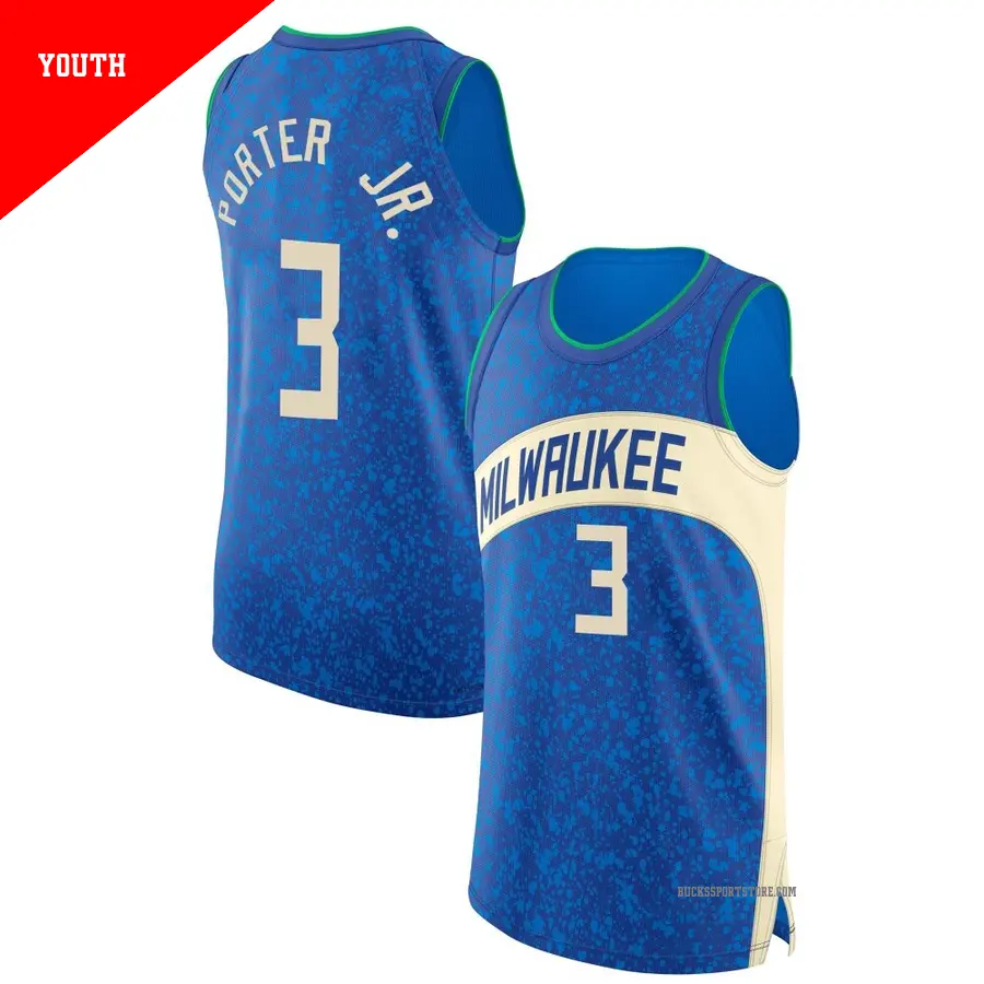 ＃3 Youth Kevin Porter Jr. Milwaukee Bucks 2023/24 Authentic Blue City Edition Jersey