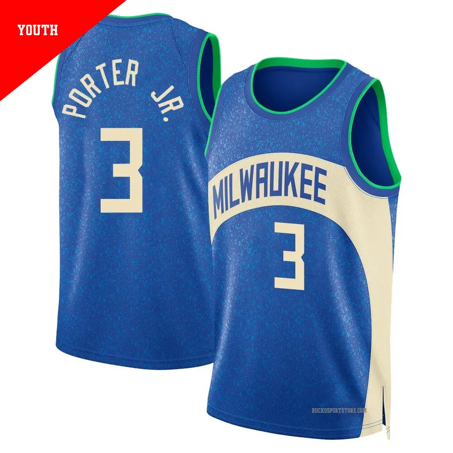 ＃3 Youth Kevin Porter Jr. Milwaukee Bucks 2023/24 Swingman Blue City Edition Jersey