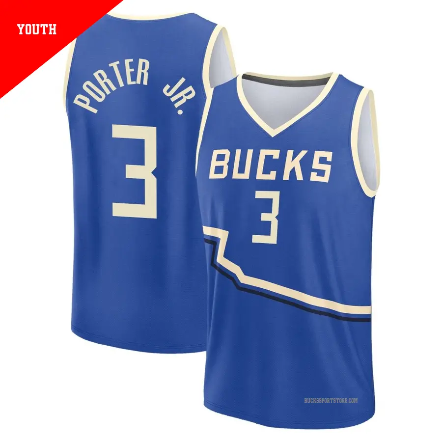 ＃3 Youth Kevin Porter Jr. Milwaukee Bucks 2024/25 Fast Break Fanatics Royal City Edition Jersey