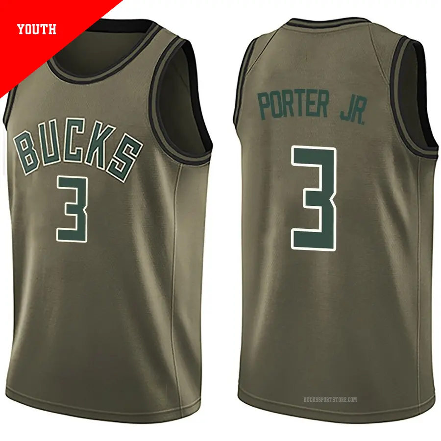 ＃3 Youth Kevin Porter Jr. Milwaukee Bucks Green Swingman Salute to Service Jersey