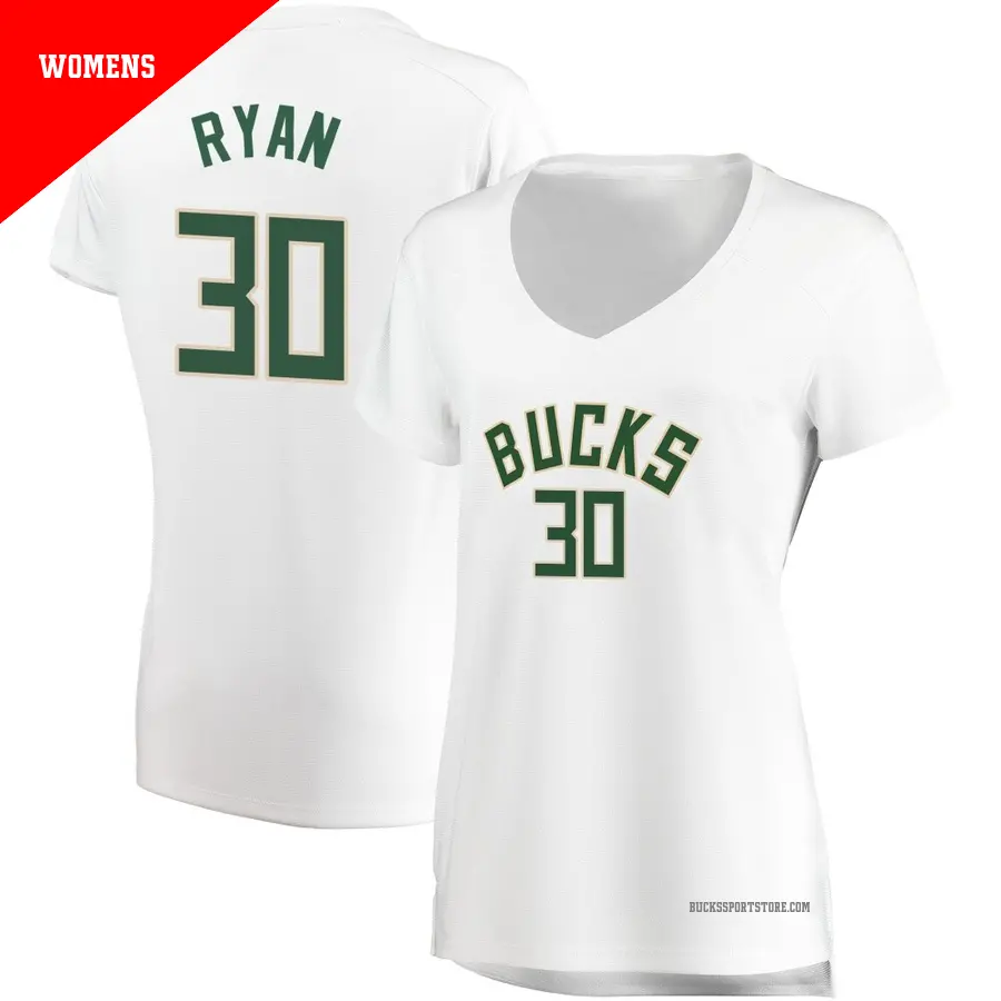 ＃30 Women's Cormac Ryan Milwaukee Bucks White Fast Break JerseyAssociation Edition