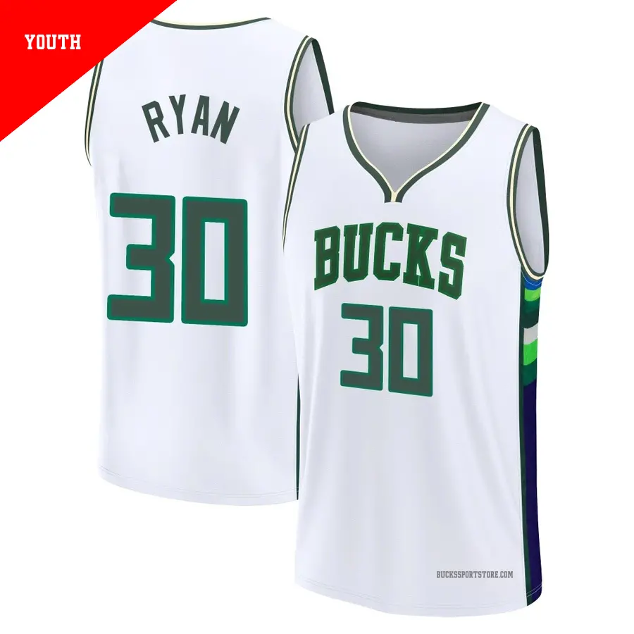 ＃30 Youth Cormac Ryan Milwaukee Bucks 2021/22 Fast Break White Replica City Edition Jersey