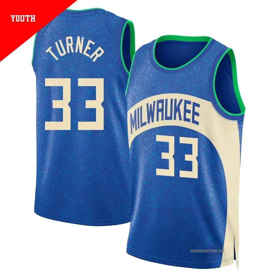 ＃33 Youth Myles Turner Milwaukee Bucks 2023/24 Swingman Blue City Edition Jersey