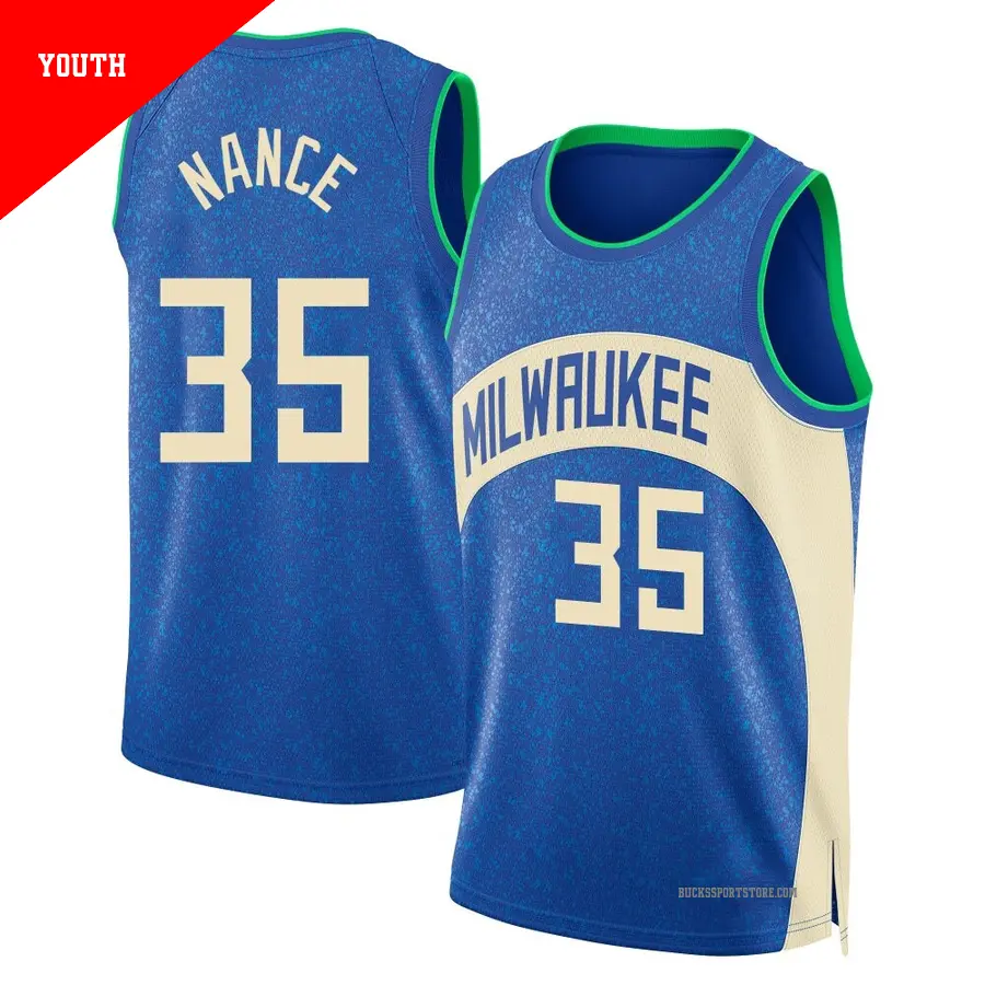 ＃35 Youth Pete Nance Milwaukee Bucks 2023/24 Swingman Blue City Edition Jersey
