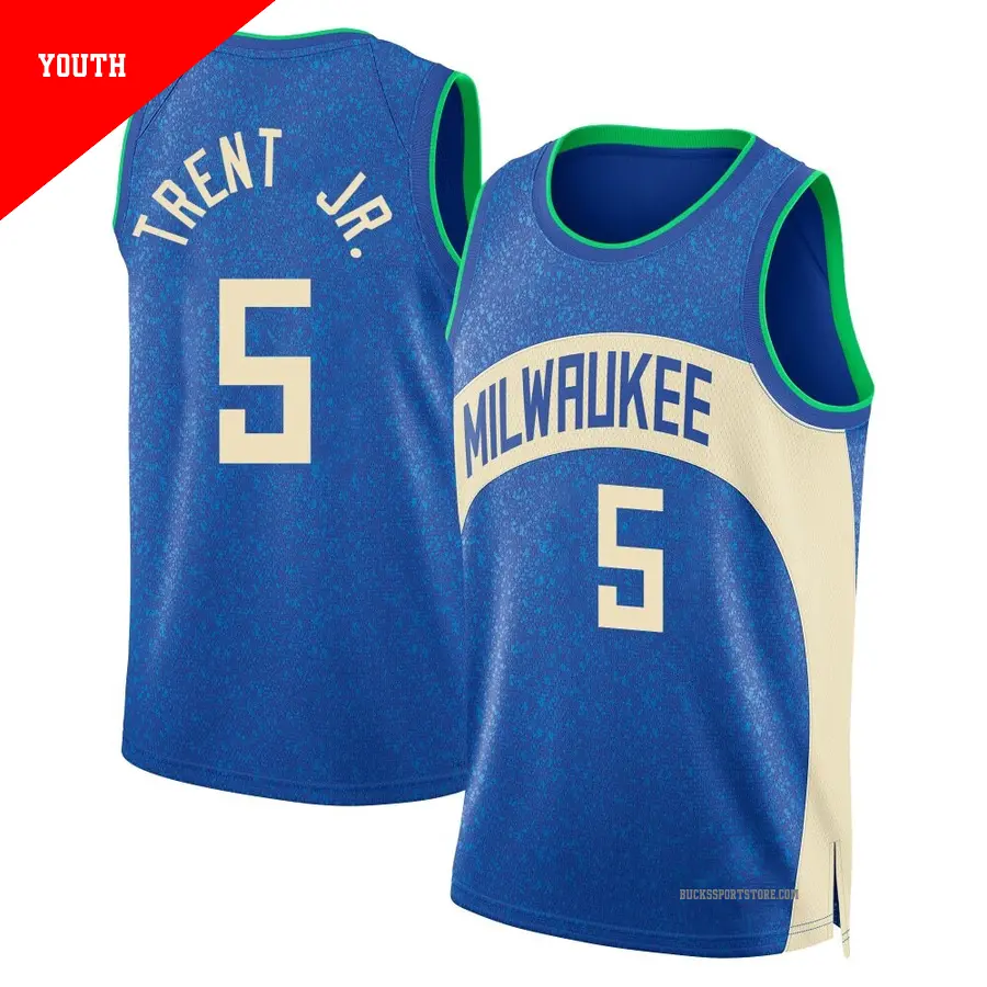 ＃5 Youth Gary Trent Jr. Milwaukee Bucks 2023/24 Swingman Blue City Edition Jersey