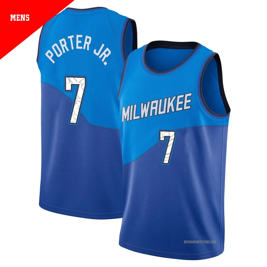 ＃7 Men's Kevin Porter Jr. Milwaukee Bucks 2020/21 Swingman Blue JerseyCity Edition