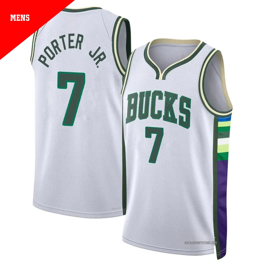 ＃7 Men's Kevin Porter Jr. Milwaukee Bucks 2021/22 Swingman White City Edition Jersey