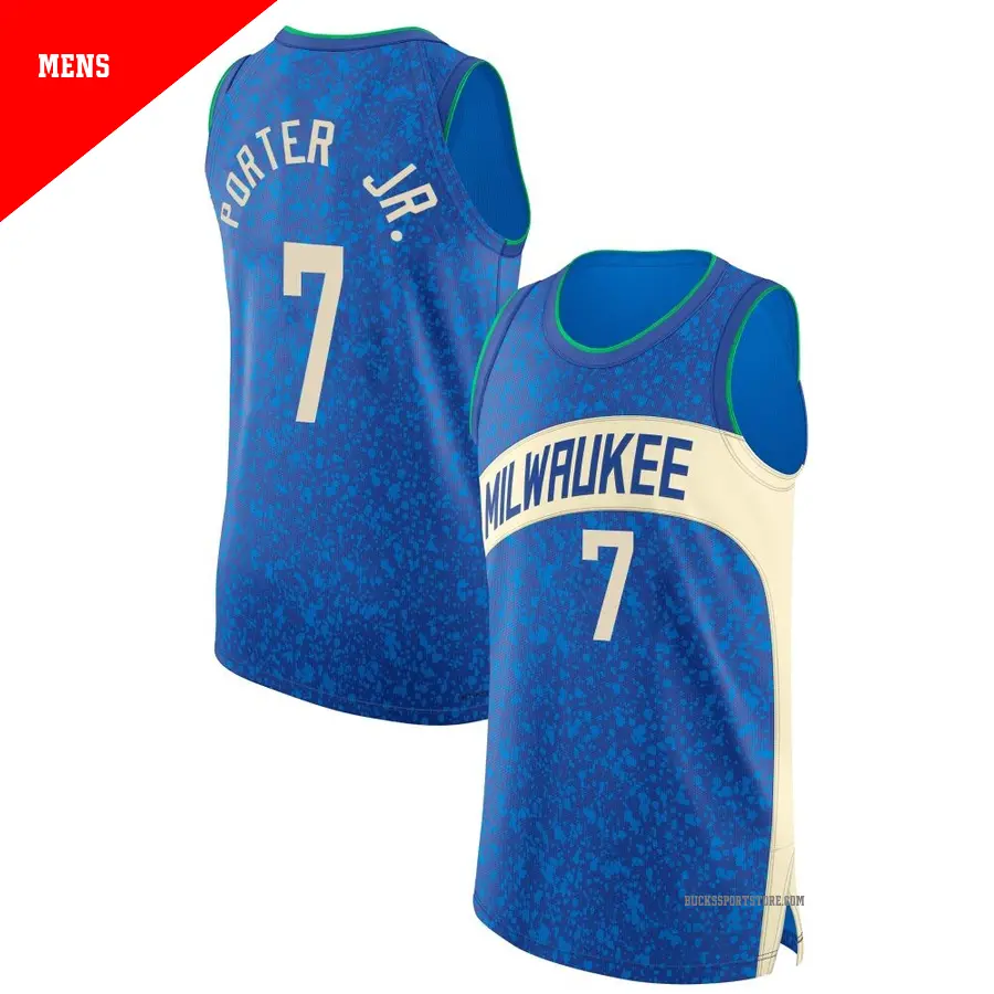 ＃7 Men's Kevin Porter Jr. Milwaukee Bucks 2023/24 Authentic Blue City Edition Jersey