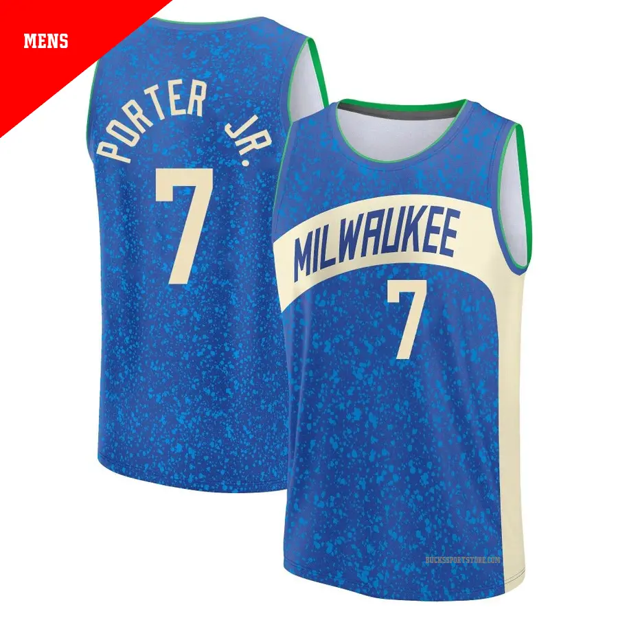 ＃7 Men's Kevin Porter Jr. Milwaukee Bucks 2023/24 Fast Break Blue City Edition Jersey