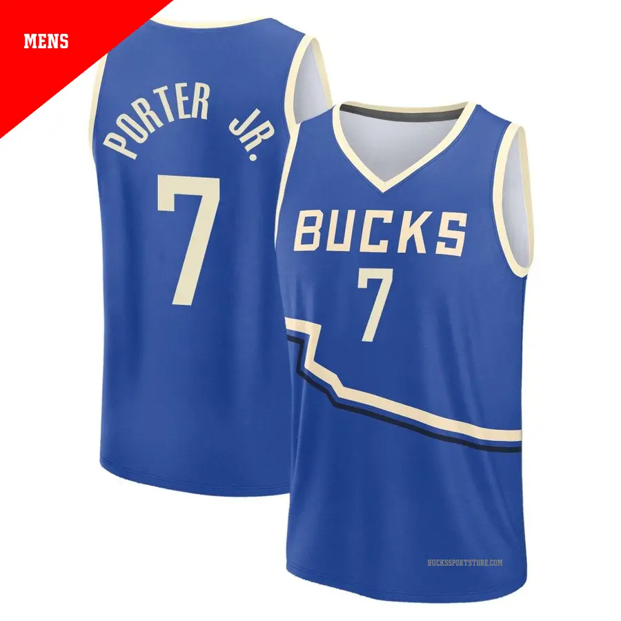 ＃7 Men's Kevin Porter Jr. Milwaukee Bucks 2024/25 Fast Break Royal City Edition Jersey