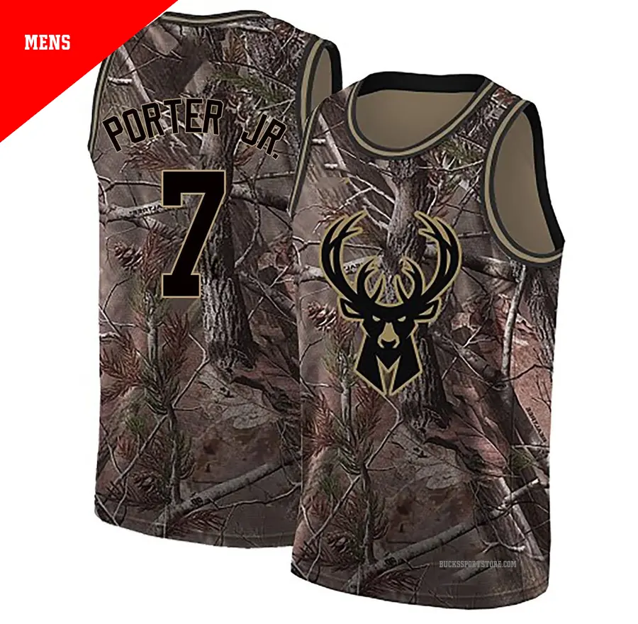 ＃7 Men's Kevin Porter Jr. Milwaukee Bucks Camo Swingman Realtree Collection Jersey