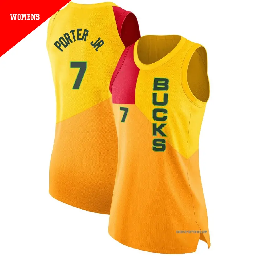＃7 Women's Kevin Porter Jr. Milwaukee Bucks 2018/19 Swingman Yellow JerseyCity Edition