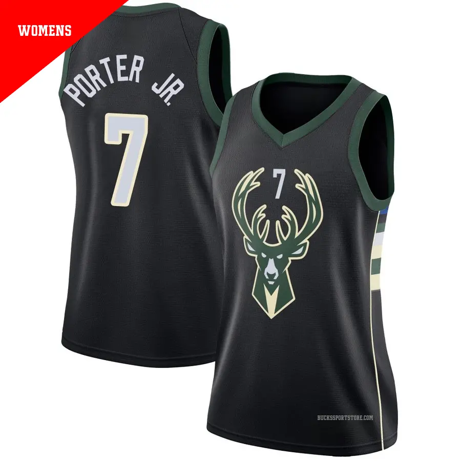 ＃7 Women's Kevin Porter Jr. Milwaukee Bucks Black Swingman Jersey Statement Edition