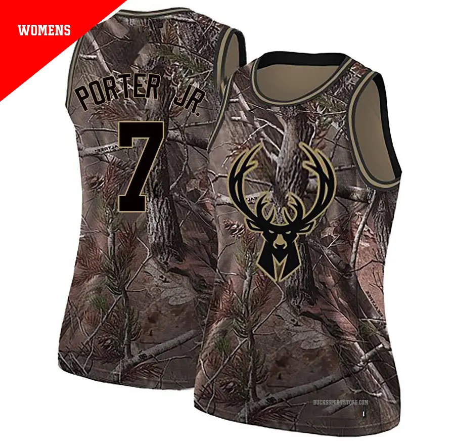 ＃7 Women's Kevin Porter Jr. Milwaukee Bucks Camo Swingman Realtree Collection Jersey