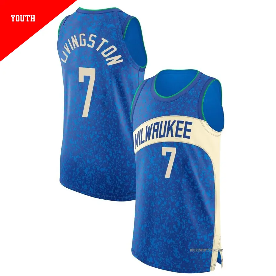 ＃7 Youth Chris Livingston Milwaukee Bucks 2023/24 Authentic Blue City Edition Jersey