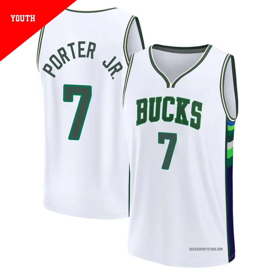 ＃7 Youth Kevin Porter Jr. Milwaukee Bucks 2021/22 Fast Break White Replica City Edition Jersey
