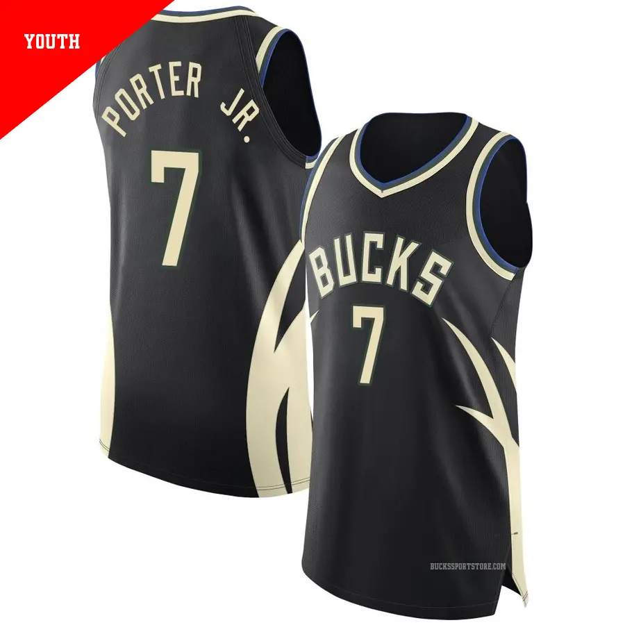 ＃7 Youth Kevin Porter Jr. Milwaukee Bucks 2022/23 Authentic Black Statement Edition Jersey