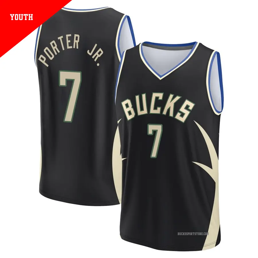 ＃7 Youth Kevin Porter Jr. Milwaukee Bucks 2022/23 Fast Break Black Statement Edition Jersey