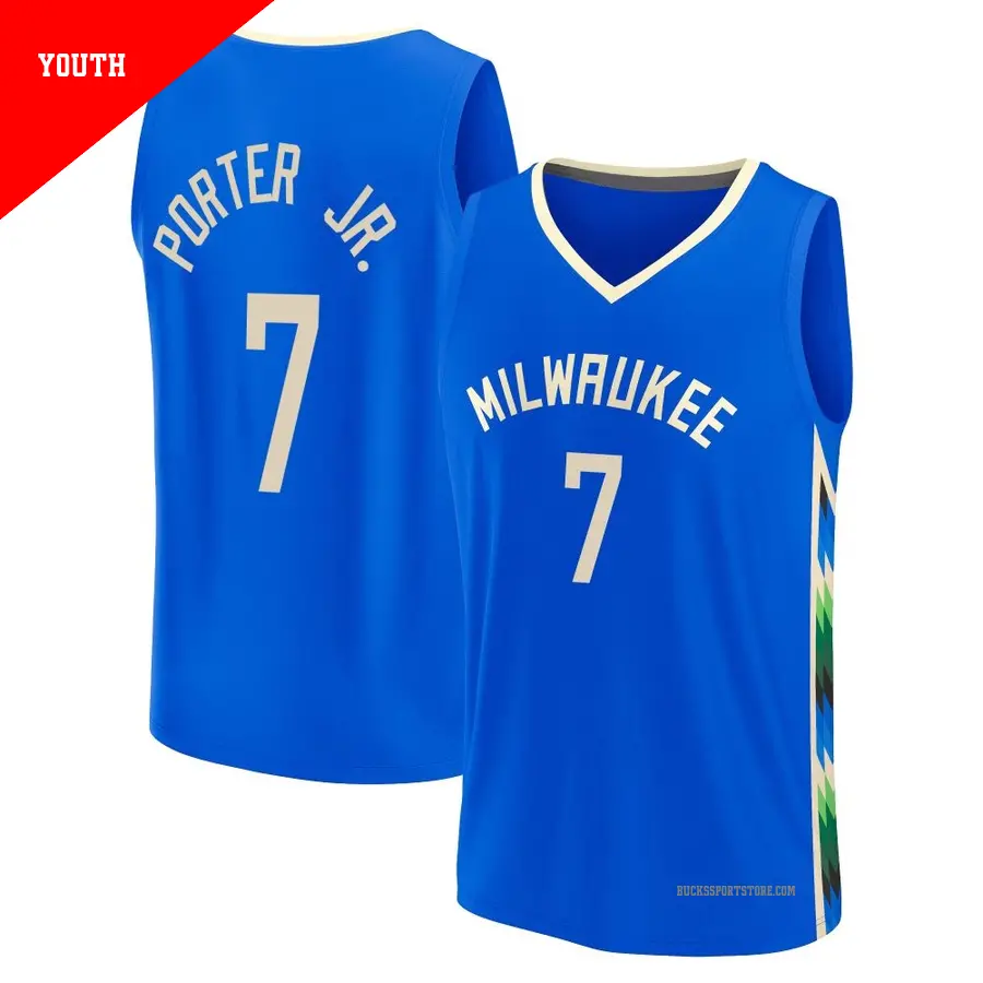 ＃7 Youth Kevin Porter Jr. Milwaukee Bucks 2022/23 Fast Break Royal City Edition Jersey