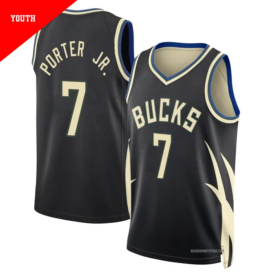 ＃7 Youth Kevin Porter Jr. Milwaukee Bucks 2022/23 Swingman Black Statement Edition Jersey