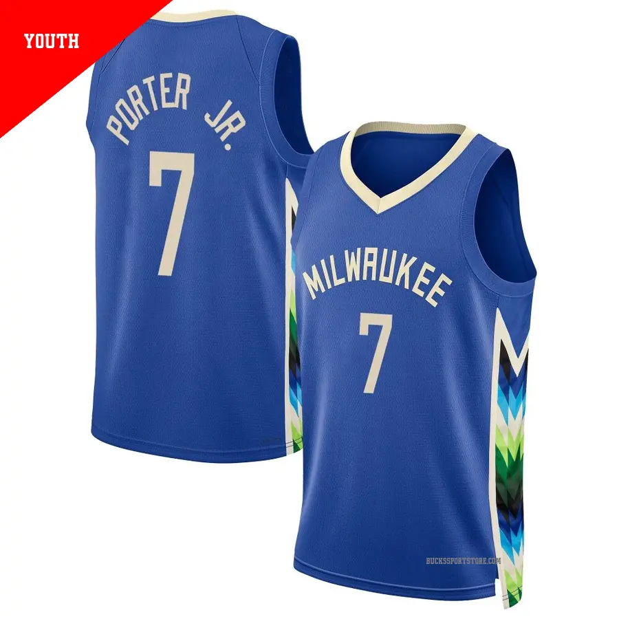＃7 Youth Kevin Porter Jr. Milwaukee Bucks 2022/23 Swingman Royal City Edition Jersey