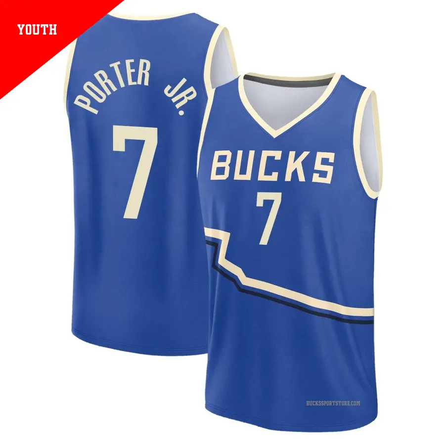 ＃7 Youth Kevin Porter Jr. Milwaukee Bucks 2024/25 Fast Break Royal City Edition Jersey