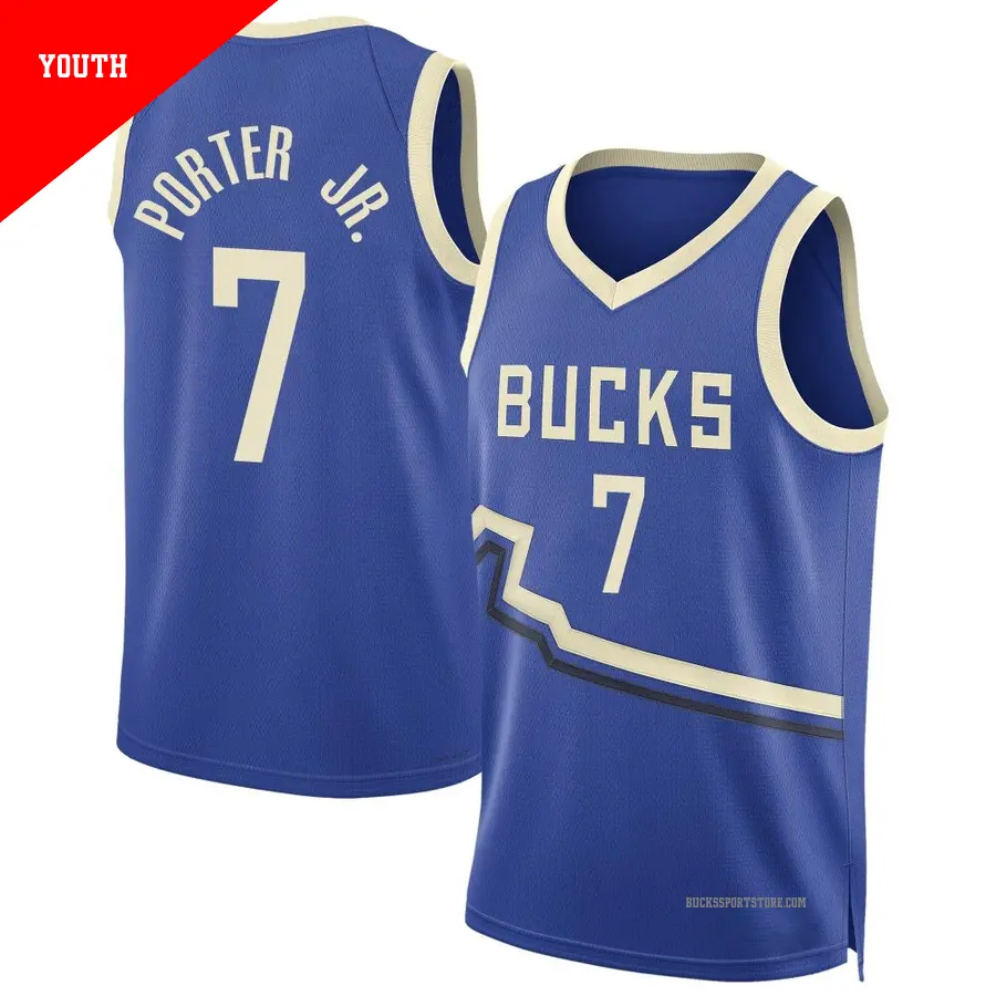 ＃7 Youth Kevin Porter Jr. Milwaukee Bucks 2024/25 Swingman Royal City Edition Jersey