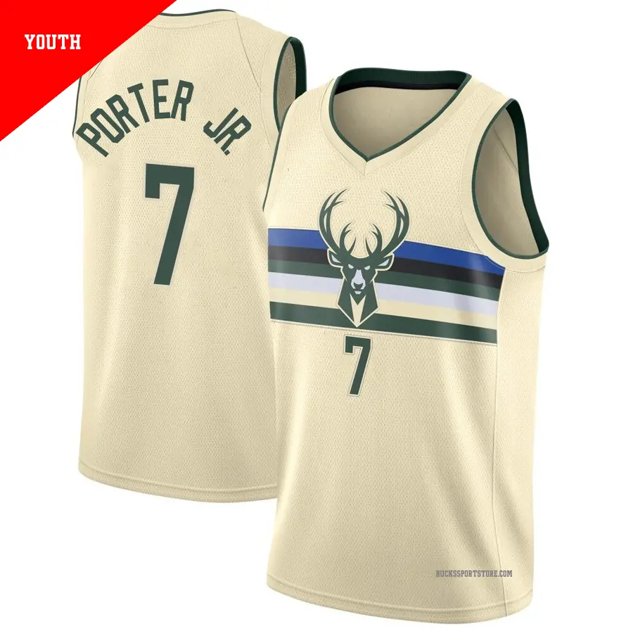 ＃7 Youth Kevin Porter Jr. Milwaukee Bucks Cream Swingman JerseyCity Edition