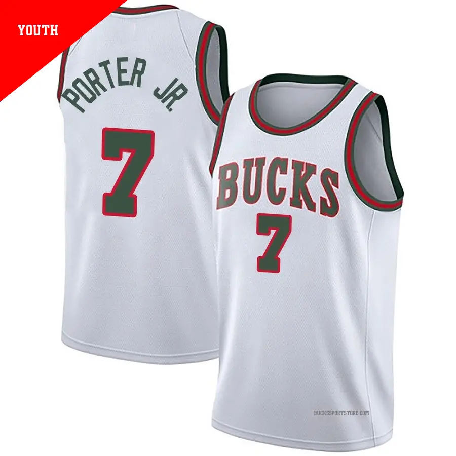 ＃7 Youth Kevin Porter Jr. Milwaukee Bucks White Swingman Fashion Hardwood Classics Jersey